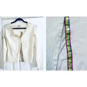 LILLY PULITZER Vintage Cardigan Ribbon-Trim Sweater Supima Cotton Off-White - XS